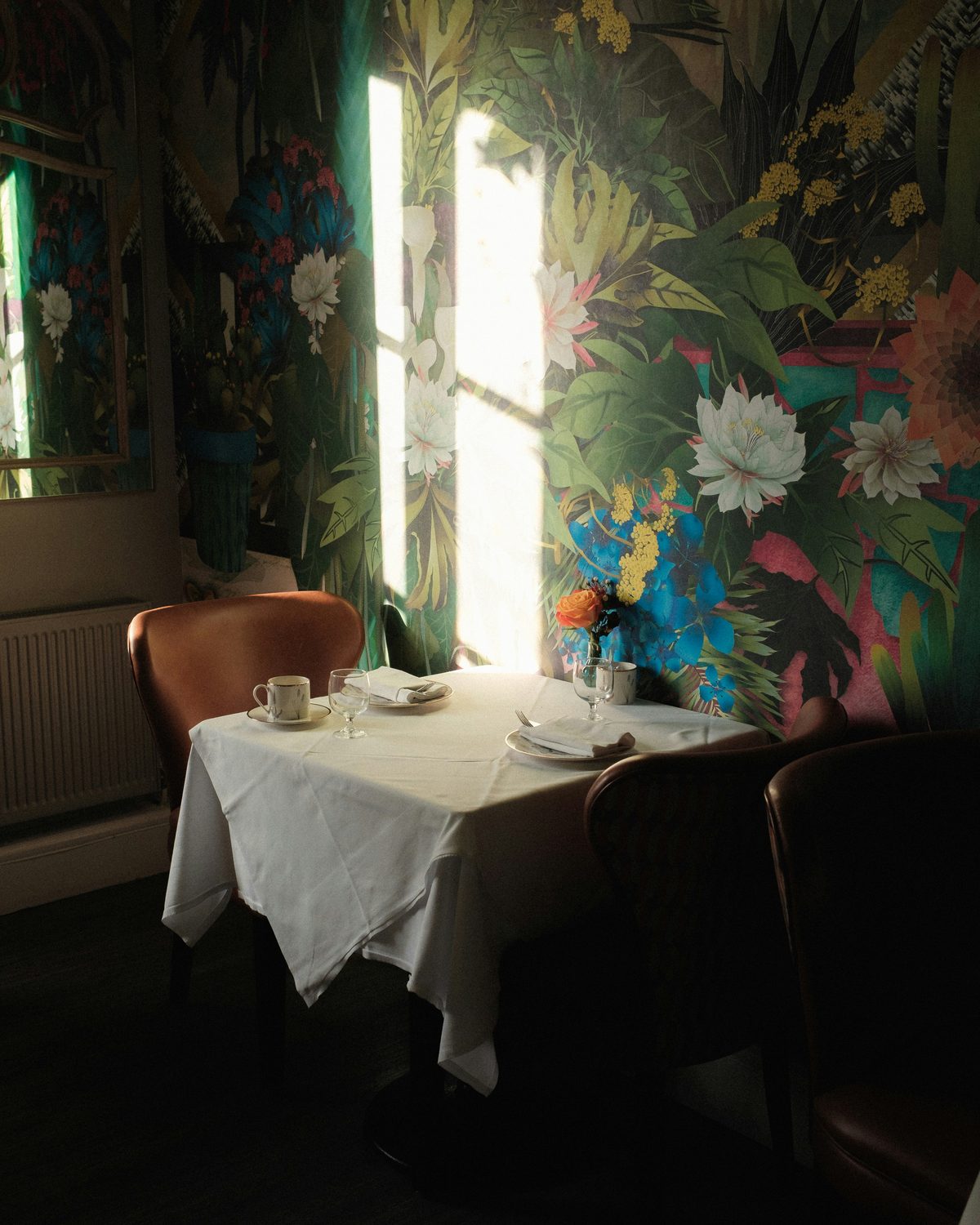 Table laid with a white cloth beside a large-scale botanical mural wallpaper lit by a shaft of window light